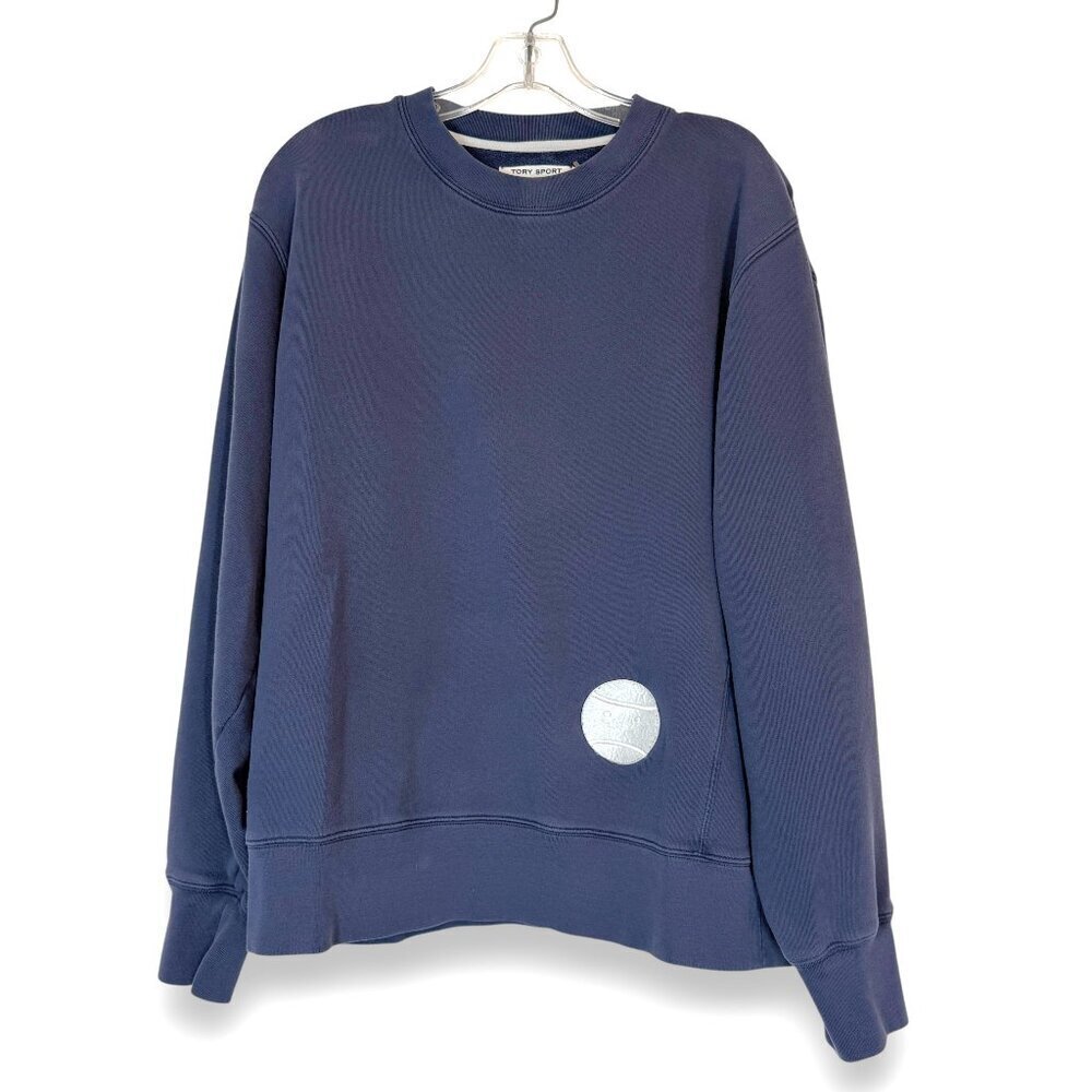 Tory Burch Sport Sweatshirt Blue Tennis Prep Y2K Embroidered Patch Preppy Large